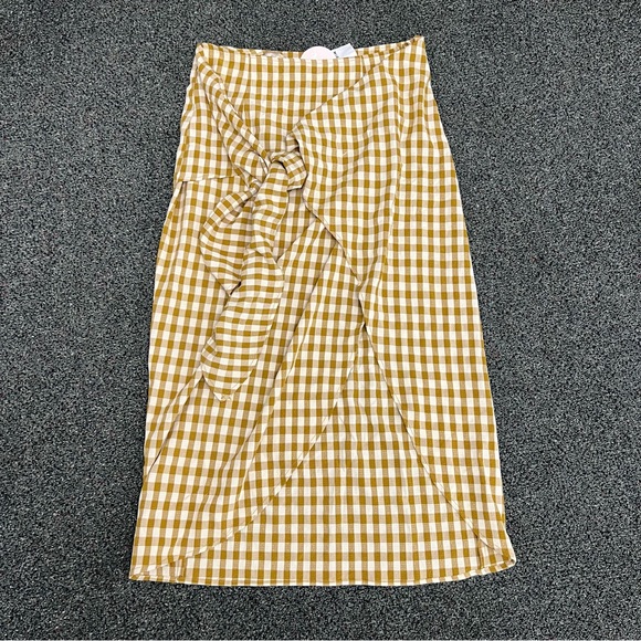 Jupe NYC Mustard Yellow & Cream Checkered Wrap Midi Lightweight Modest Skirt L - Picture 7 of 16